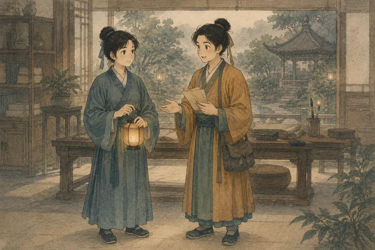 古典漫画中的两位少年，在庭院中提灯交谈