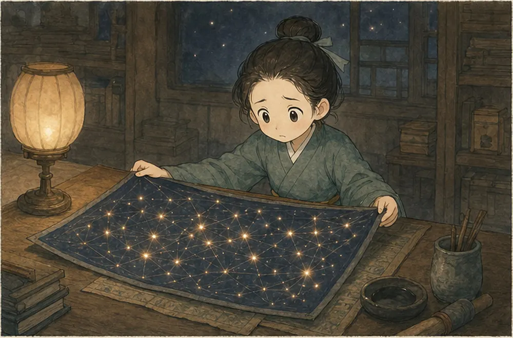 阿照展开一张星图，图上许多亮点同时闪烁，她不知道该看哪里。