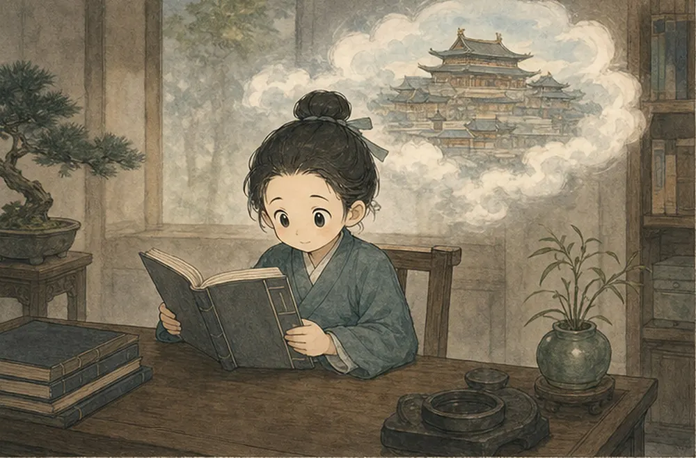 阿照在安静书房里读经,头顶浮着精致却遥远的宫阙想象。