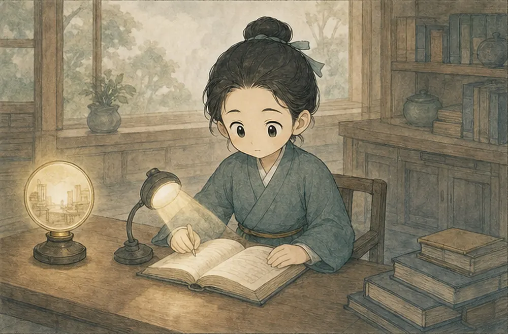 阿照在明亮房间里使用追光灯读字，同时没有失去对周围空间的觉察。
