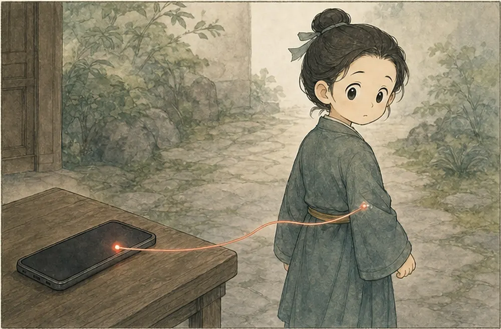 手机亮起一个小红点，一根细线从红点牵住阿照衣袖。