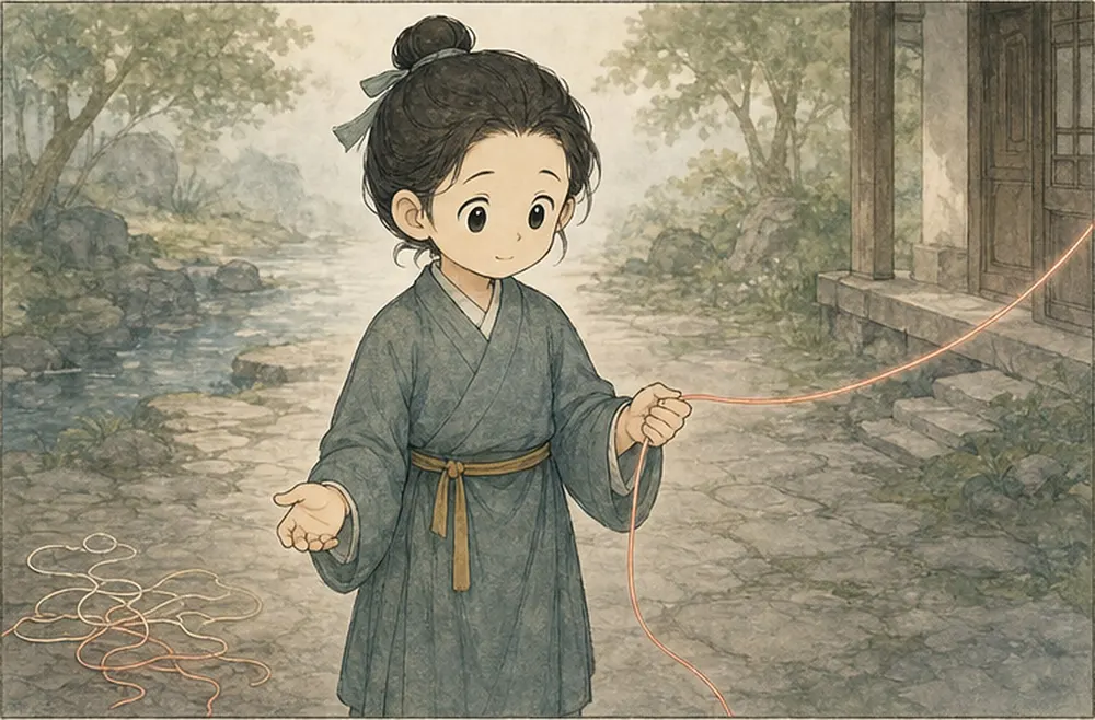 阿照放松手指，只留下需要处理的一根线，其余线落在地上。