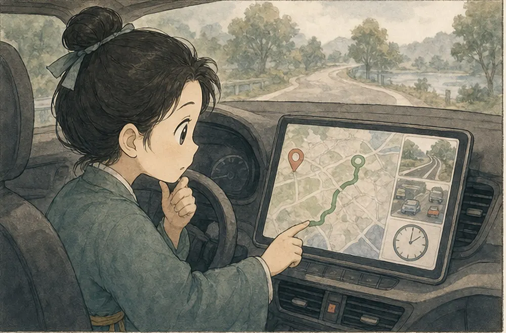 阿照看清目的地、路况和时间，再选择一条路线。