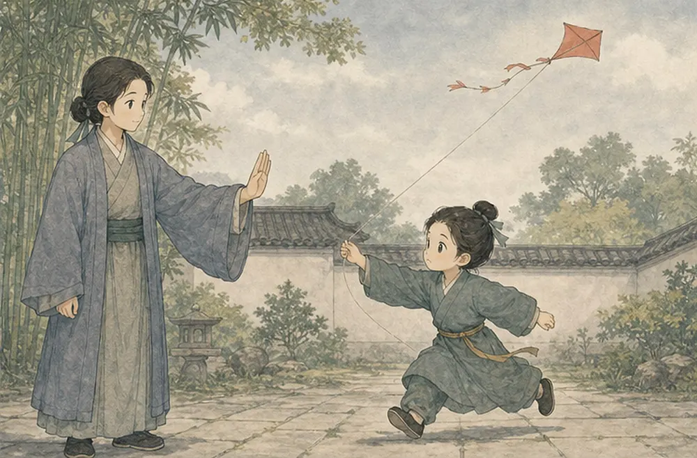 引导者示意阿照先停脚，纸鸢仍在空中。