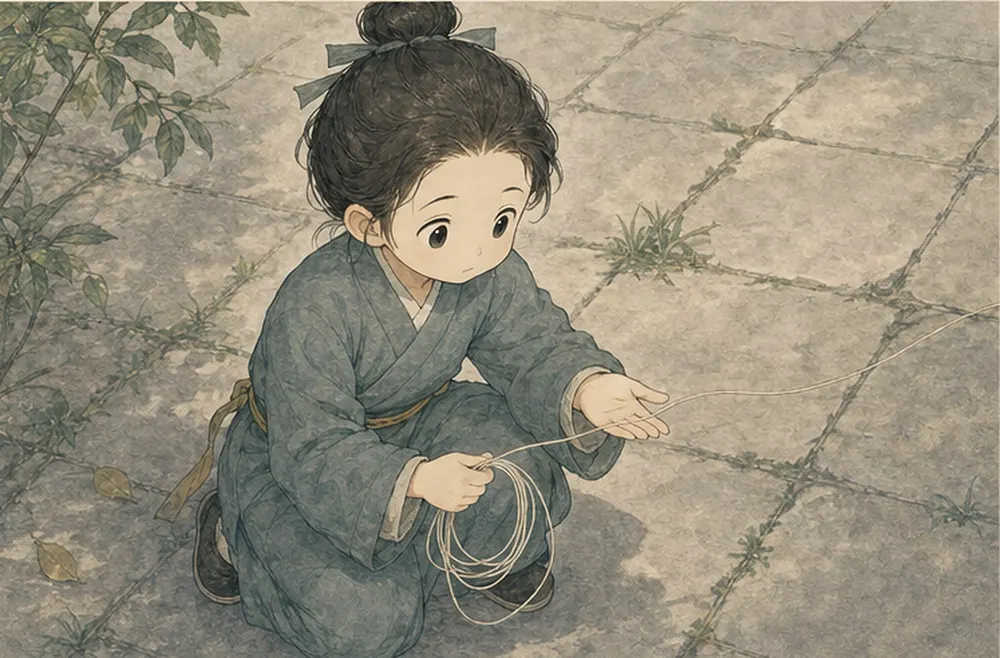 阿照松开多余线圈，感到脚下石板与手心的触感。
