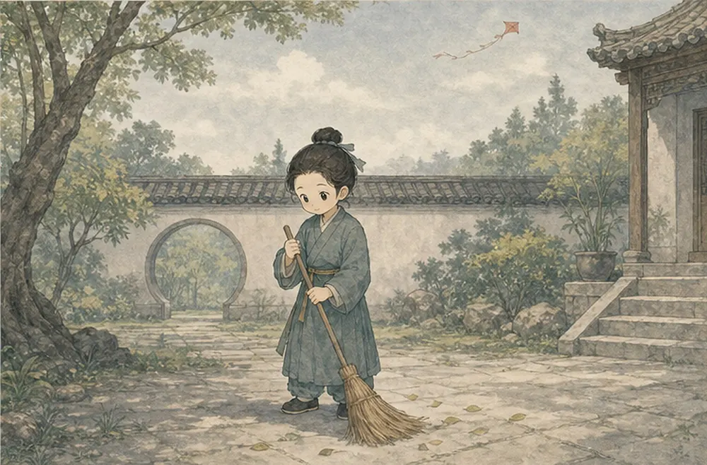 纸鸢渐远，阿照回到正在扫的一小块庭院。