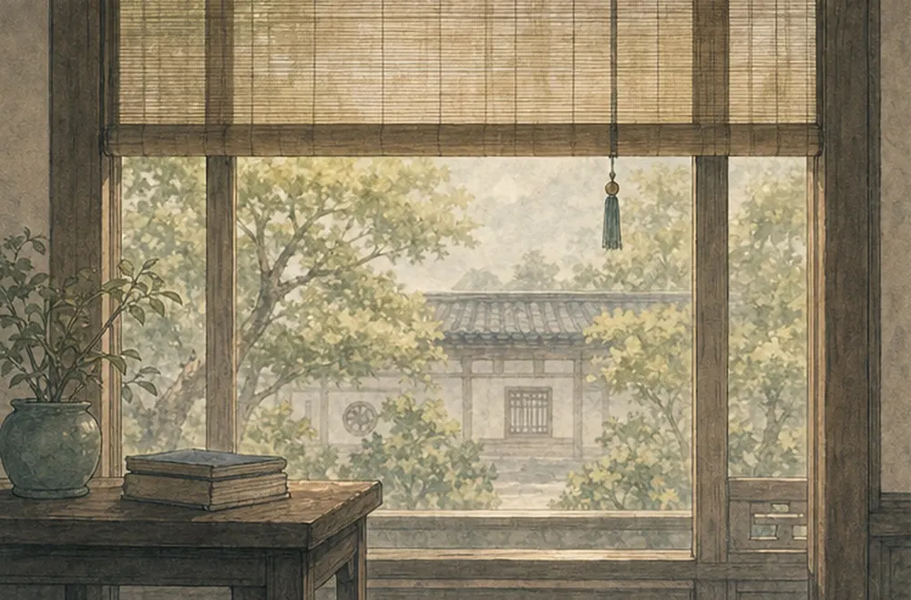 一幅半垂竹帘透入柔和天光，室内外都仍可辨。