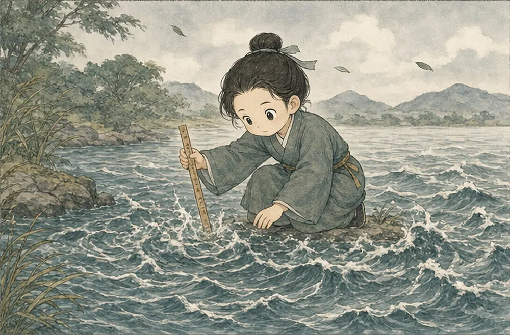 阿照拿着尺子试图量每一道波纹，水面反而更乱。