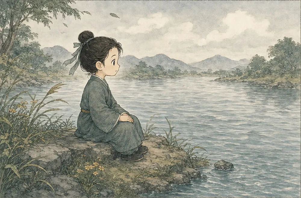 阿照只是坐在岸边，看风来、波起、波落。