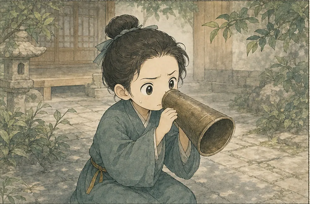 阿照拿着一只夸张的听筒贴近鼻端，紧张寻找细小声音。