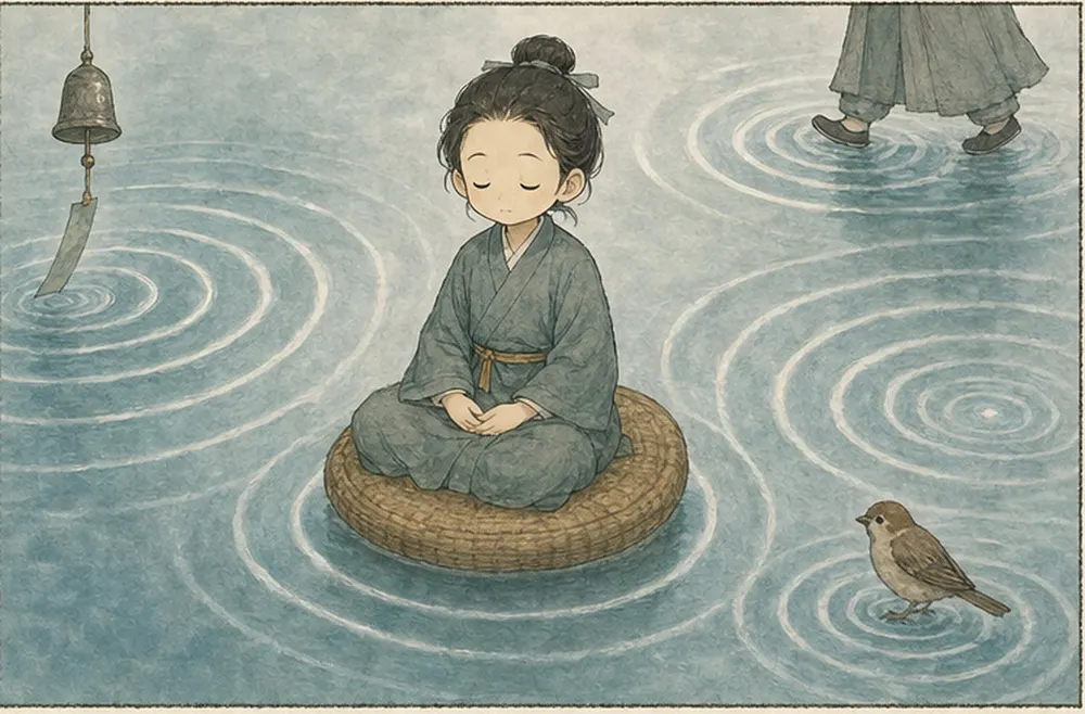 不同声音化成水面涟漪，阿照只是安静坐着，呼吸自然。