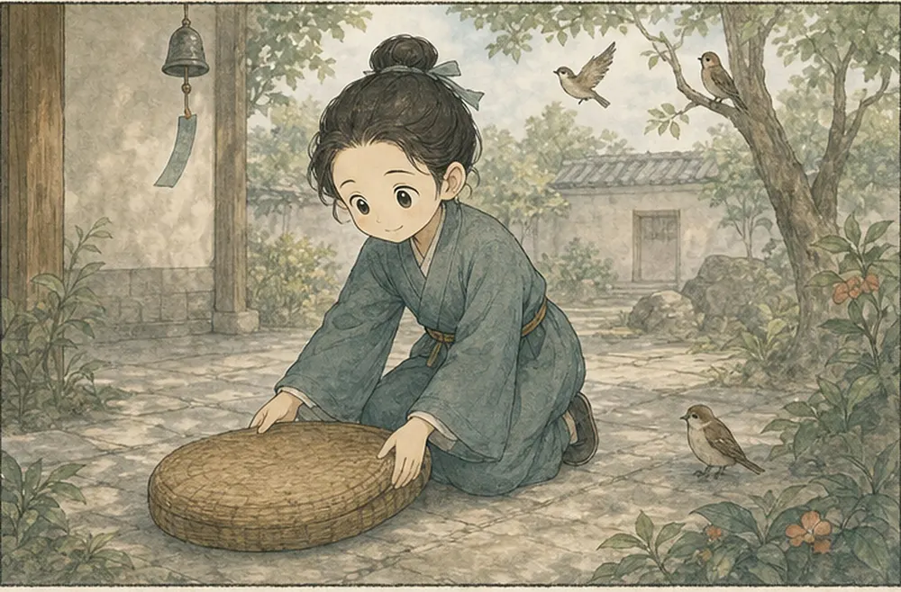 阿照睁眼微笑，起身整理坐垫，环境声仍继续。