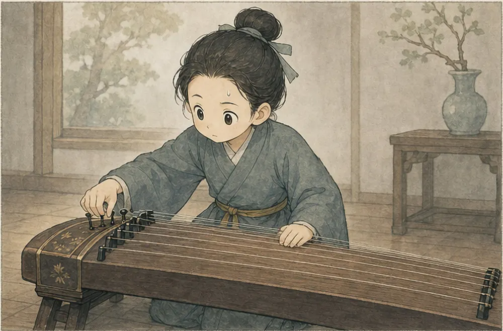 阿照把琴弦一圈圈拧紧，额头冒汗。