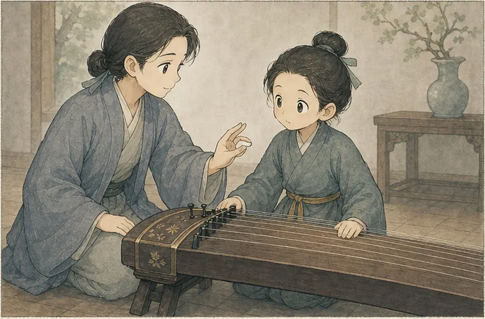 引导者示意退回半圈，琴弦恢复自然弧度。