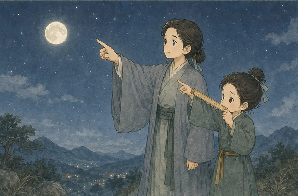 引导者指向夜空月亮，阿照却拿尺子测量他的手指。