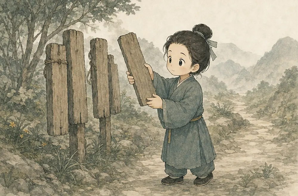 山路旁立着几块路标，阿照把其中一块摘下戴在胸前当奖章。