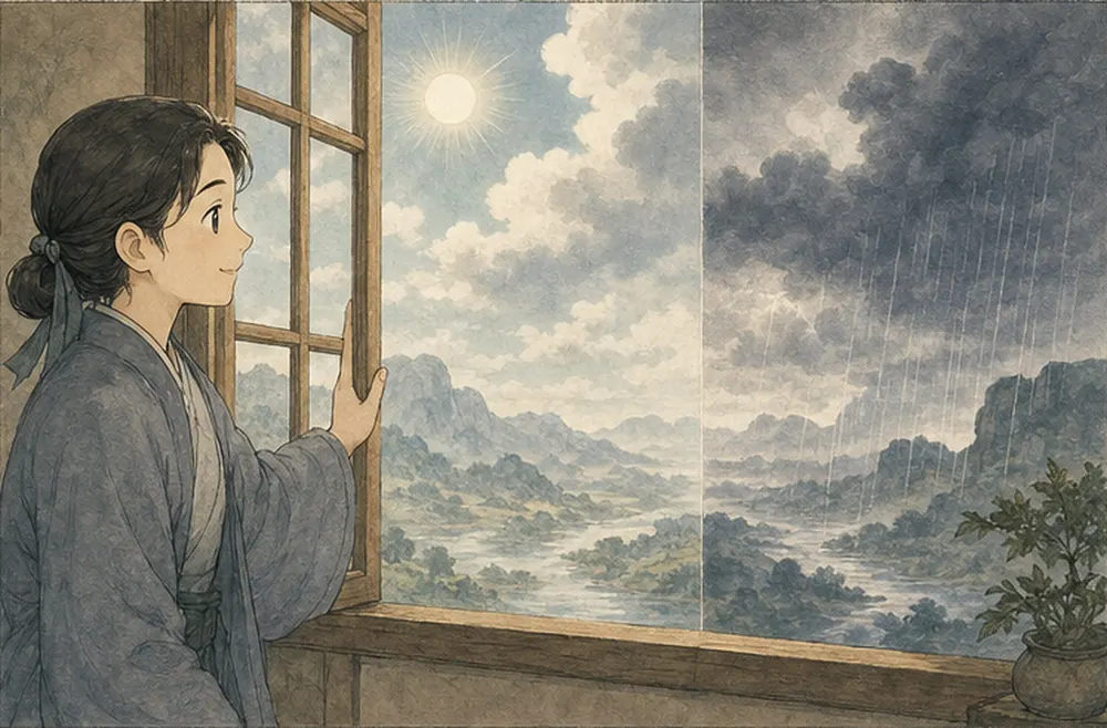 引导者打开窗，远处同时有晴、云、雨三种天气意象。