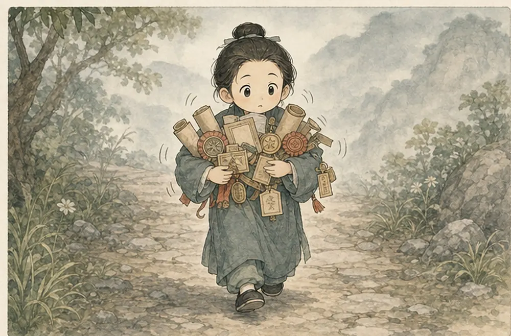 阿照双手抱满任务、奖牌和自我标签，走路越来越僵。