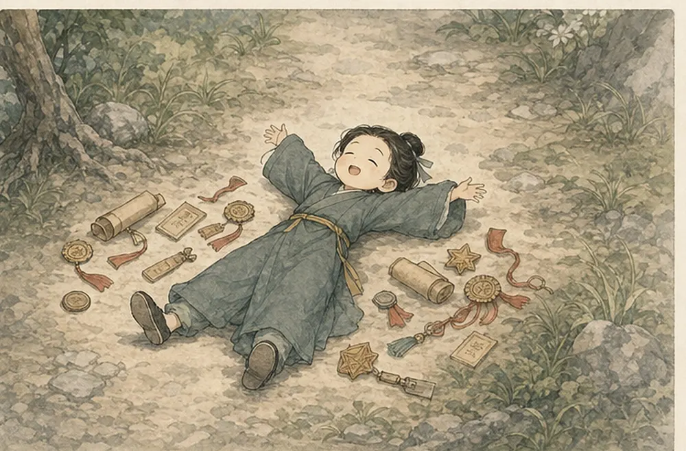 阿照索性把所有东西扔下，转身躺在路边。