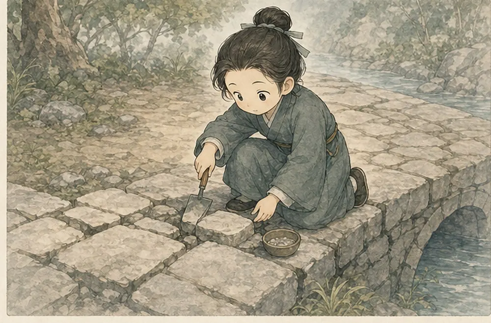 青衣小修行者蹲在庭院石阶旁，用工具修补松动处。