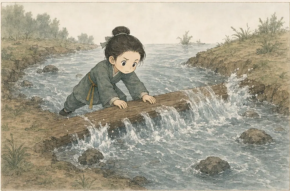河水遇到石头，阿照用木板强迫水走一条笔直路线，水四处溢出。