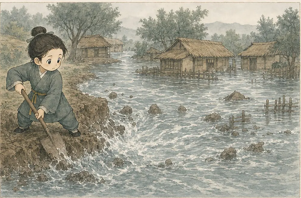 阿照撤掉木板，却又把河岸全部挖开，水漫向村舍。