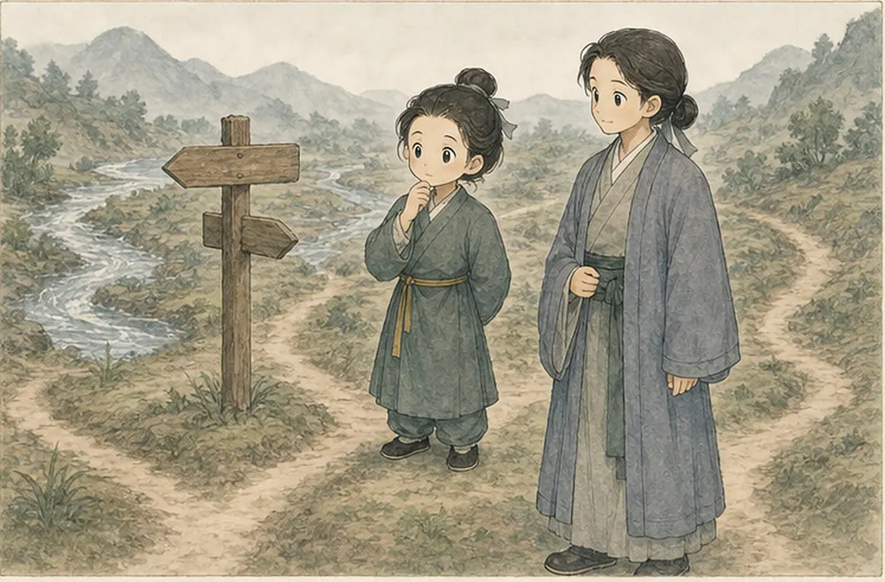 阿照在岔路前停下，看过路标与同行者，再选择道路。