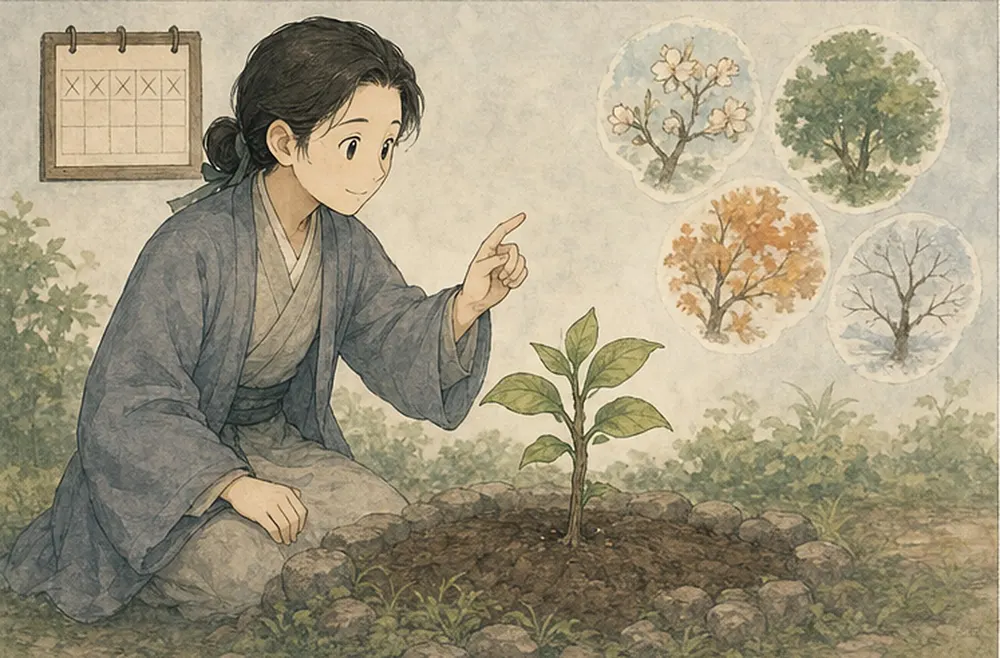引导者把牌缩小成日历角落,眼前是一株按季节生长的幼苗。