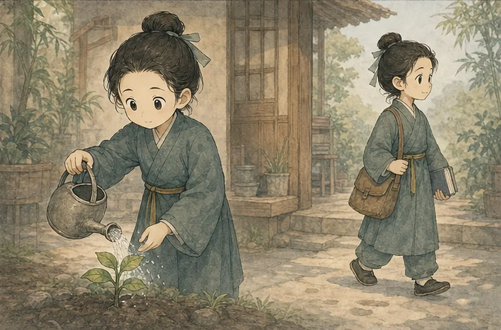 阿照给幼苗适量浇水,然后去完成当天生活。