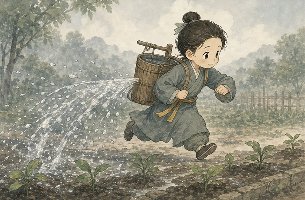 阿照背着冲刺计时器跑过一排幼苗,水桶洒得到处都是。