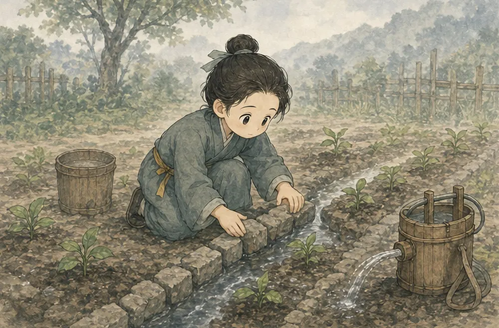 阿照修好排水,重新给幼苗少量浇水。