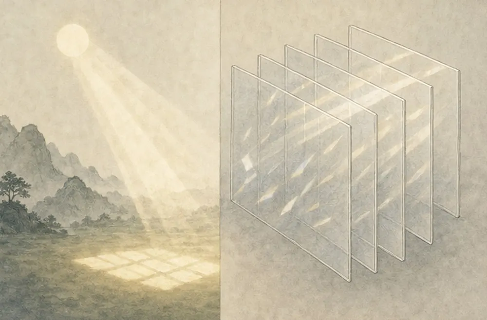 画面分为光线本身与层层透明标签，两层清楚分开。