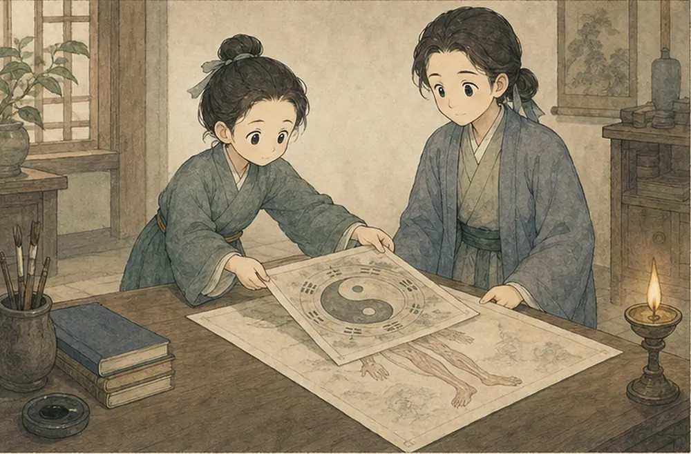 桌上并放一张阴阳象征地图与一张人体解剖图,阿照准备把它们完全重叠。