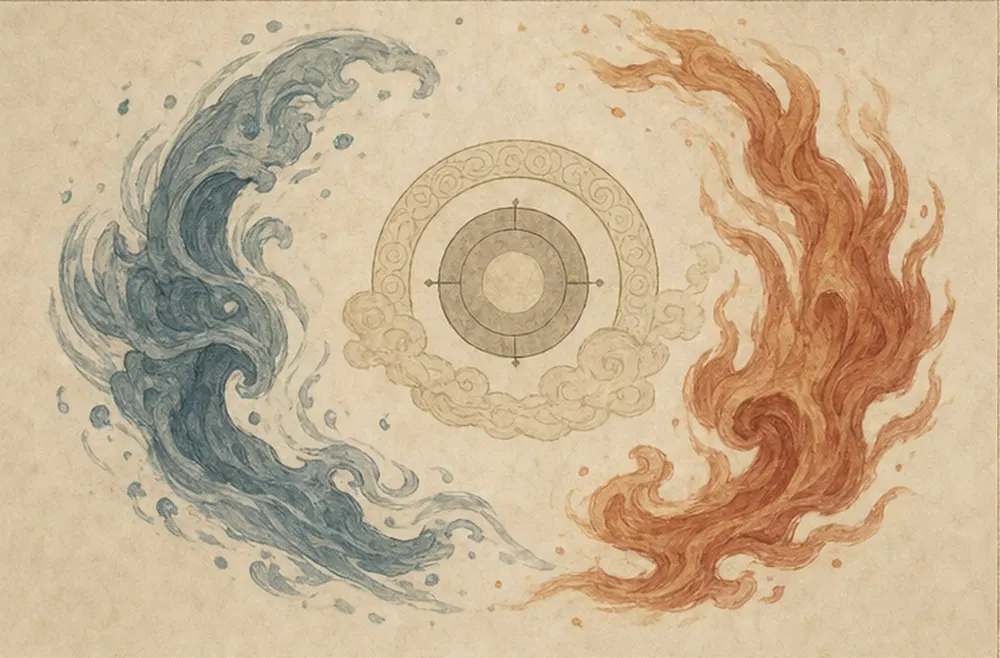 蓝色水纹与赭色火焰环绕中央图形，画面没有人体。