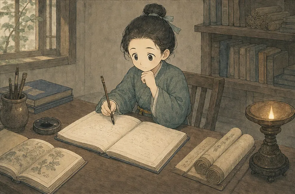 阿照在古籍旁写下来源、版本与疑问,未画操作步骤。