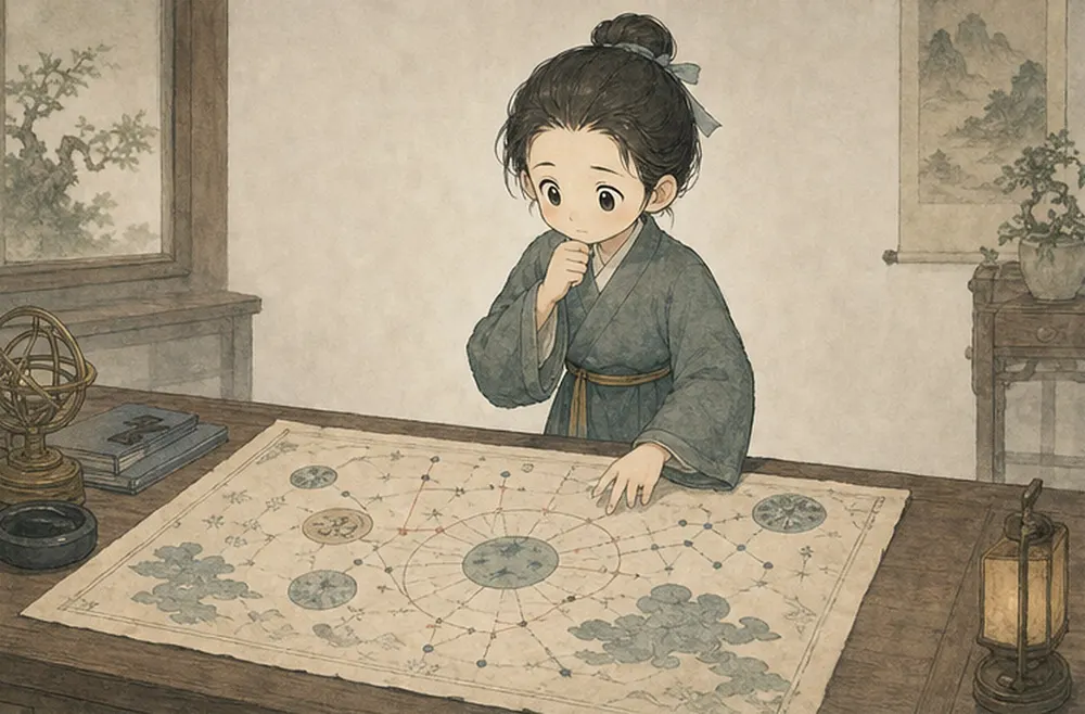 古代象征地图放在桌上,阿照手按一处不适,正犹豫是否对应;地图与身体之间保留明显空隙。