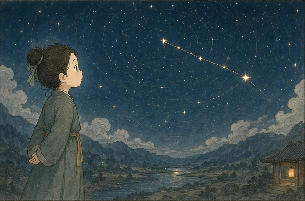 青衣小修行者仰望群星，星点与弧线组成取象画面。