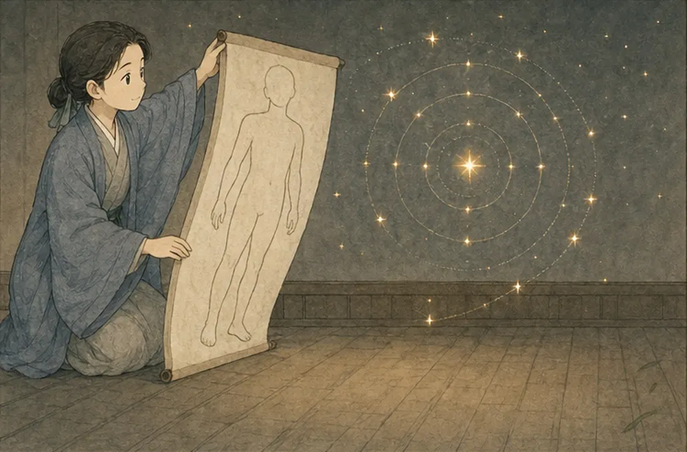 引导者把人体轮廓移开,只保留中心、环形与群星关系。
