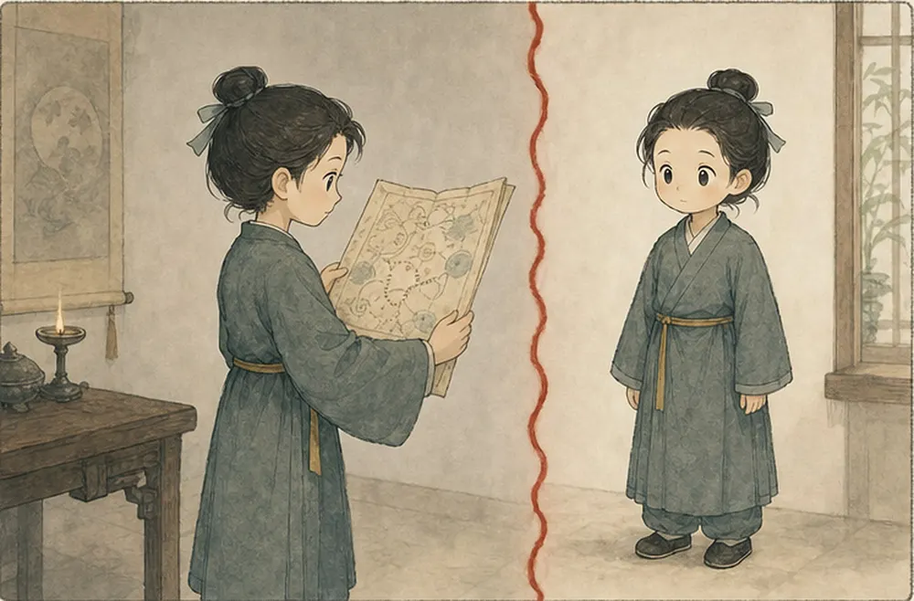 阿照拿着复杂路线图站在一旁,正准备对照身体;图纸与身体之间有一道朱砂色边界,身体上没有发光路线。