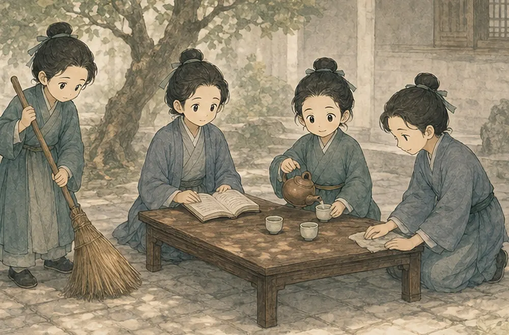 几位青衣同伴在院中扫地、读书、倒茶、擦桌。