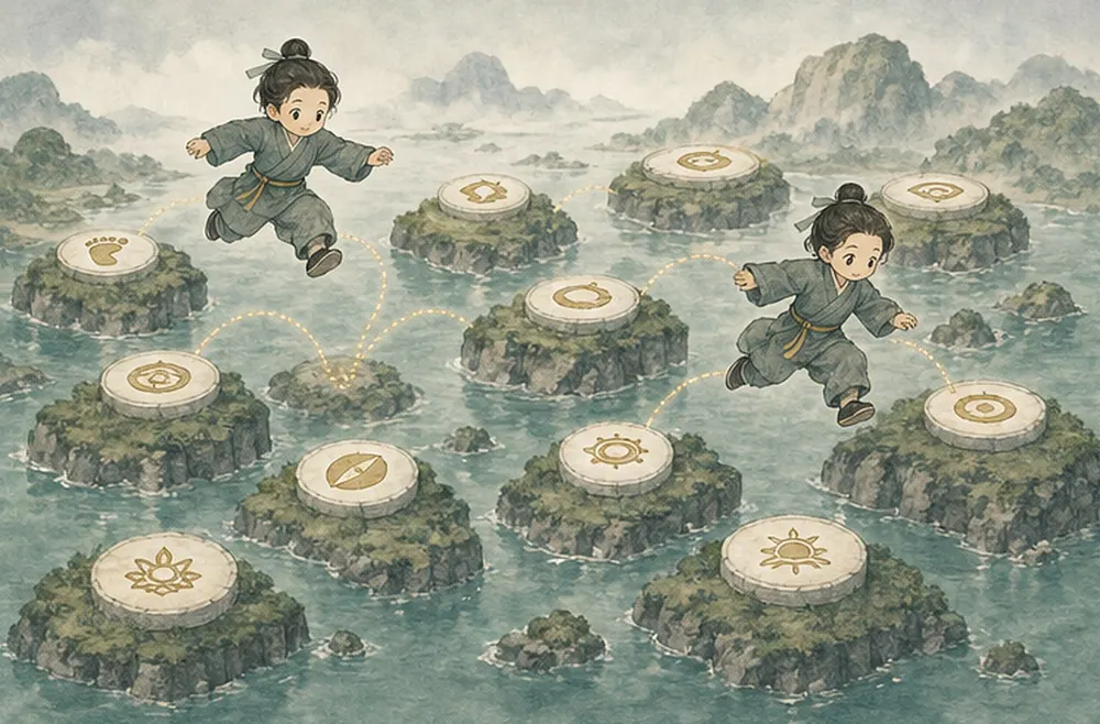十三枚章节印记散落成许多独立小岛，阿照来回跳跃。