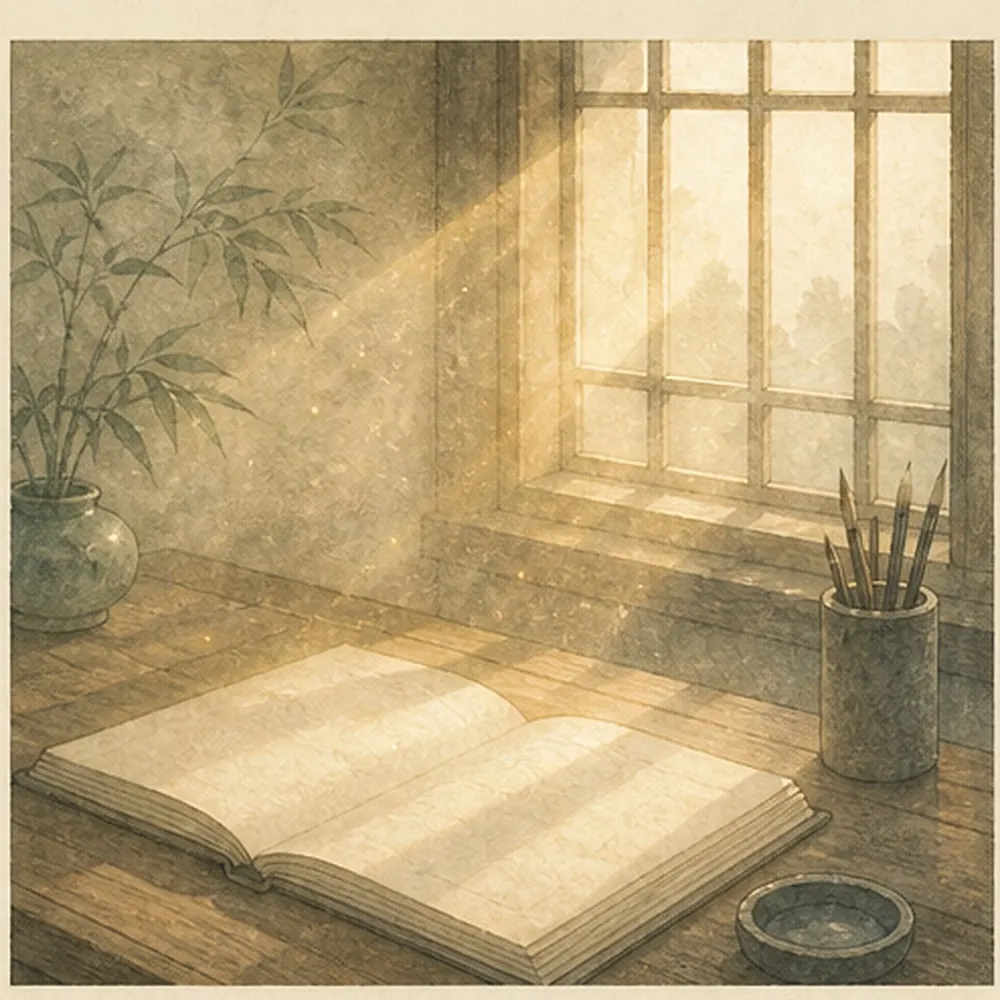 晨光穿过木格窗落在空白书页与桌面上，表现光的照见意象，不描绘人体光线。