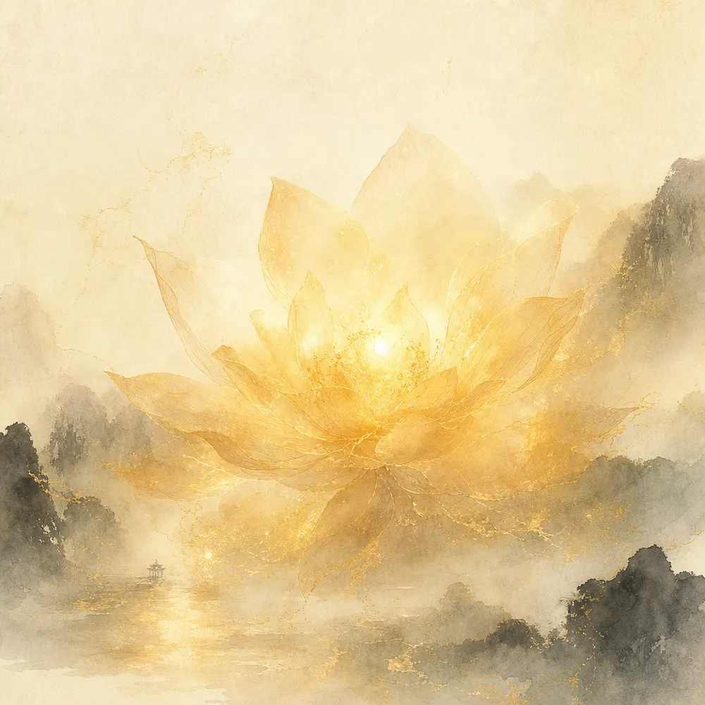 纸色云雾中绽放一朵克制的金色花形光影，明确作为金华名相的视觉比喻。