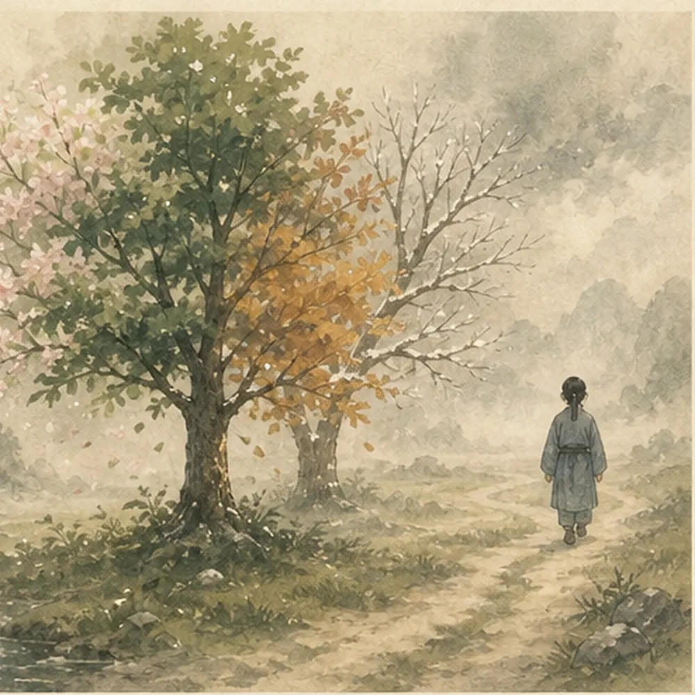 一株树经历春夏秋冬，旁边普通人的道路持续向前，表现命与具体生命历程，不作命运预测。