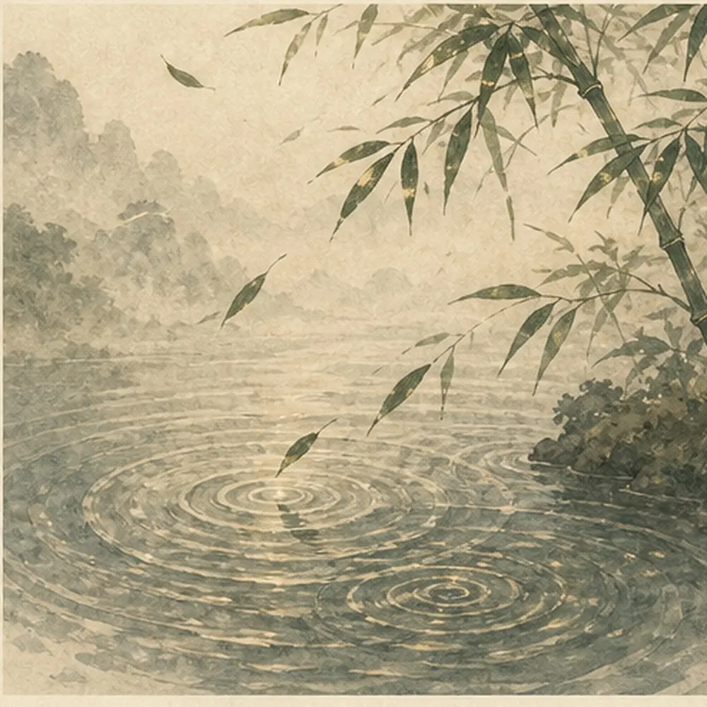 风吹竹叶并在水面形成连续涟漪，表现气在古典语言中的运动意象，不画人体能量路线。