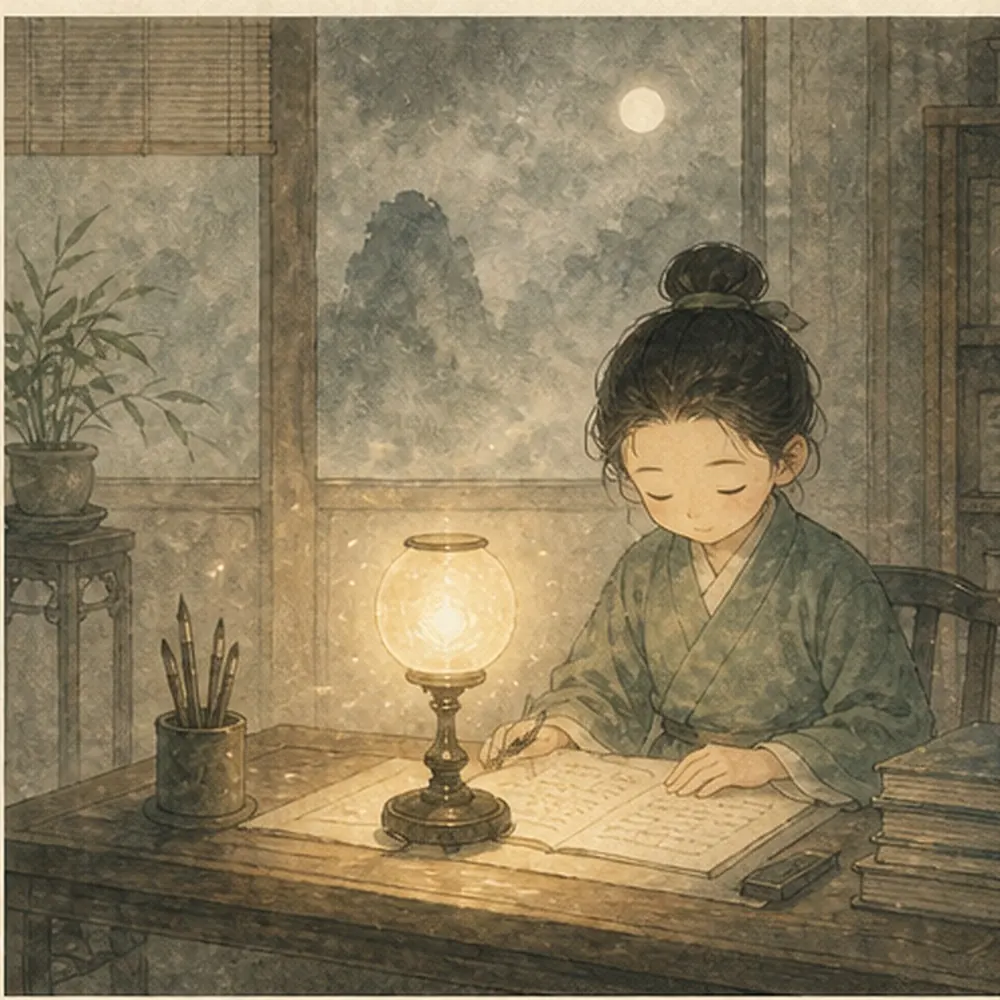 安静书房中一盏清醒而不刺眼的灯照见整张桌面，表现神的主宰与觉照作用。