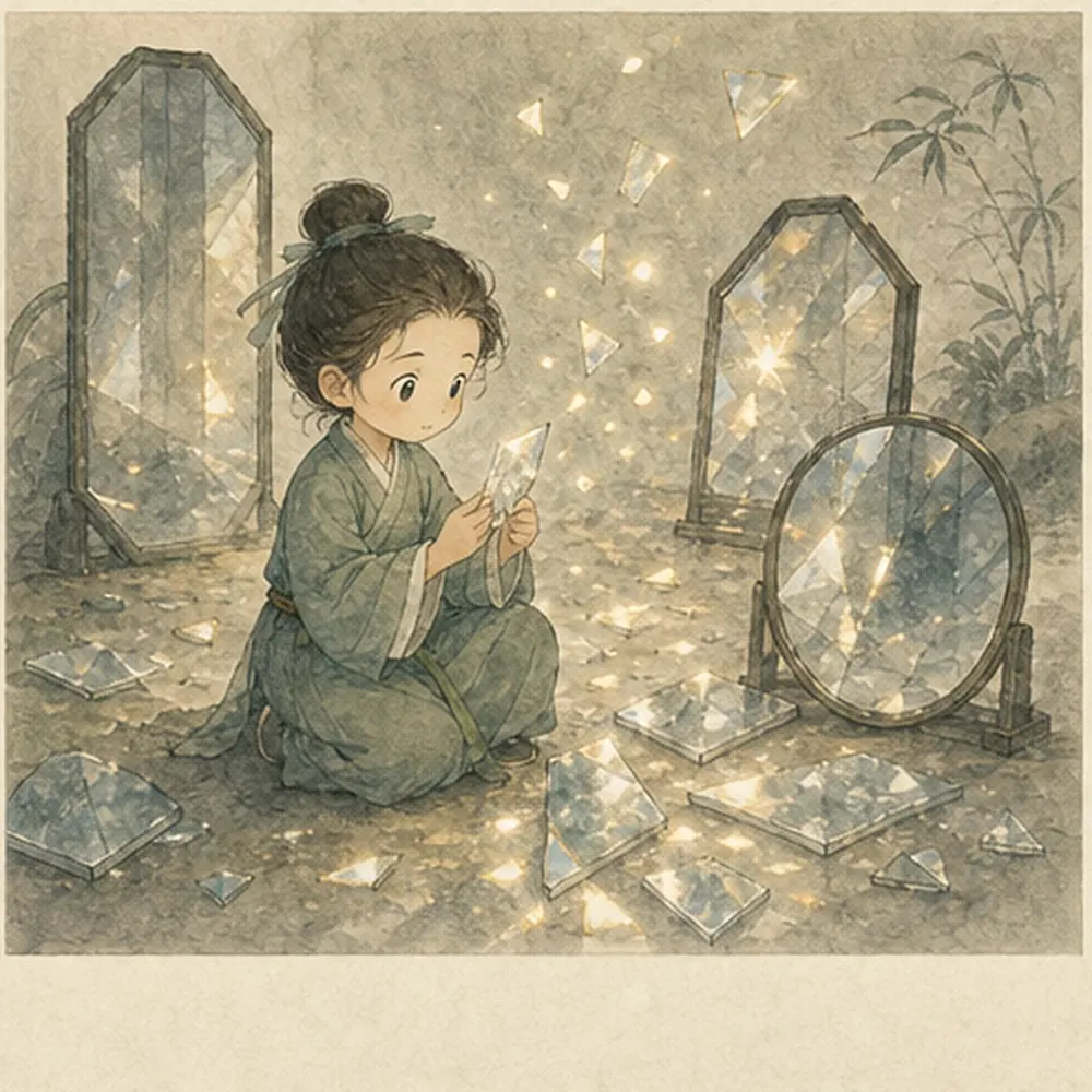 同一束光经过多面镜子后被切成碎片，小修行者正在辨认加工后的反光，表现识光。
