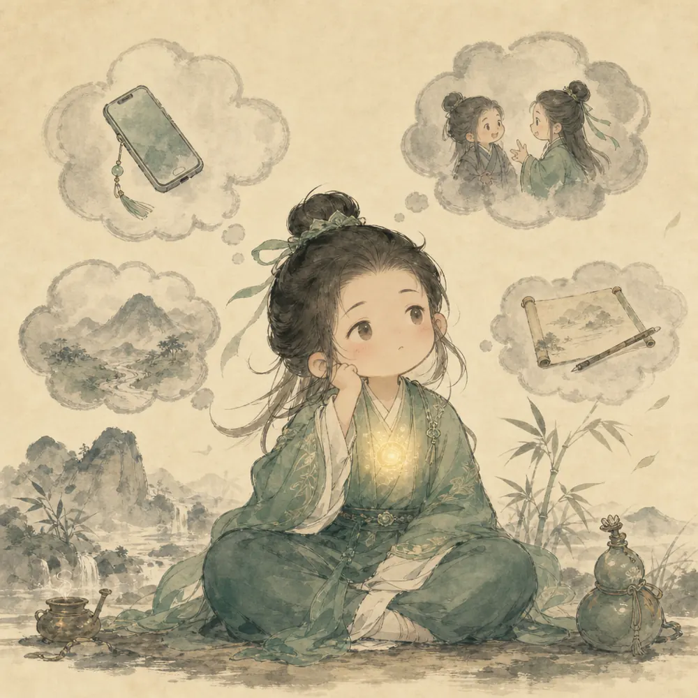 小修行者周围浮着手机、任务、评价与回忆图像，表现识神逐境的多向牵引。