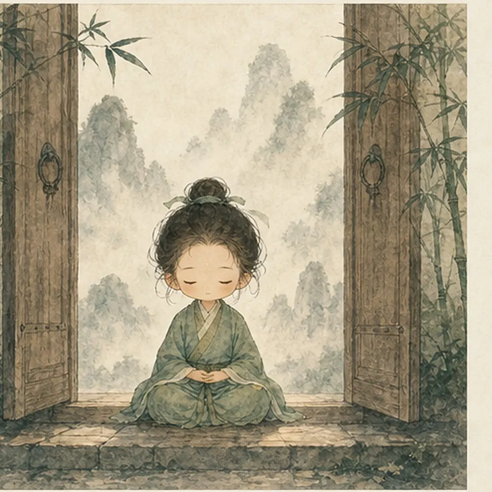 小修行者稳坐在两扇半开门之间，既不向外追也不封闭，表现守中的适中。