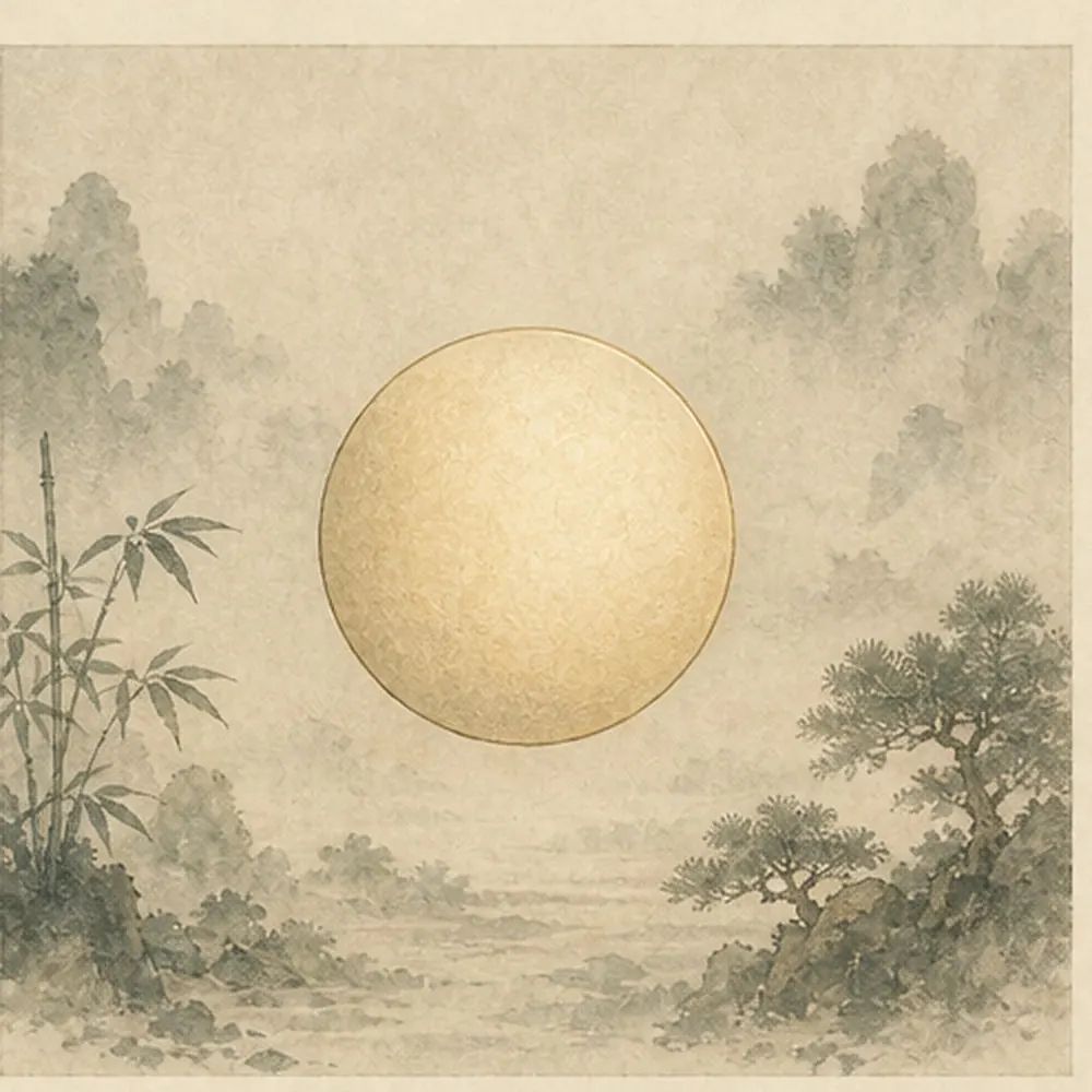 广大淡墨云水中只有一枚完整未分的温润圆形，表现太乙的本初与整体意象。